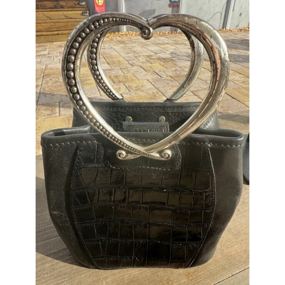 Brighton Corazon Black Croc Heart Handles Leather Bucket Handles Bag
